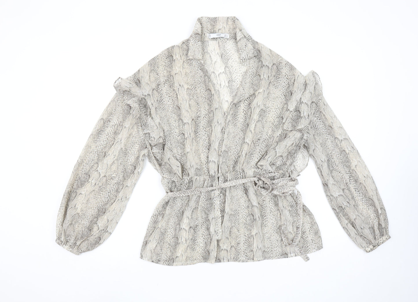 MNG Women's Grey Snake Print Wrap Blouse Size S Long Sleeve Ruffle Top