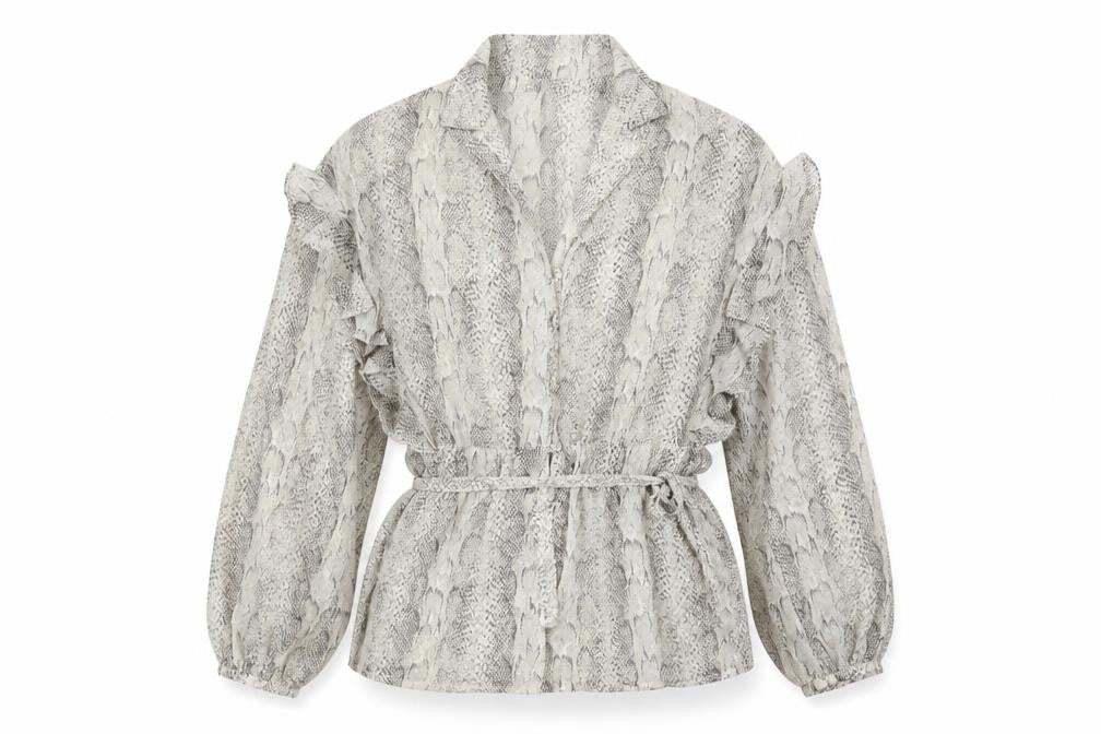 Mango Women's Grey Snake Print Wrap Blouse Size S Long Sleeve Ruffle Top