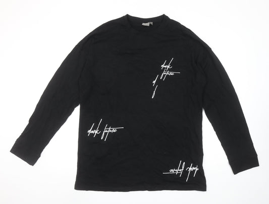 ASOS Men Black Long Sleeve Graphic Print Crew Neck Cotton T-Shirt M