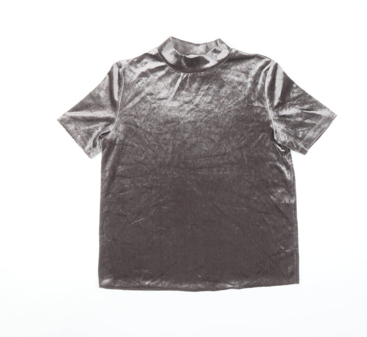 Zara Trafaluc Womens Grey Velvet Mock Neck Short Sleeve T-Shirt Size S