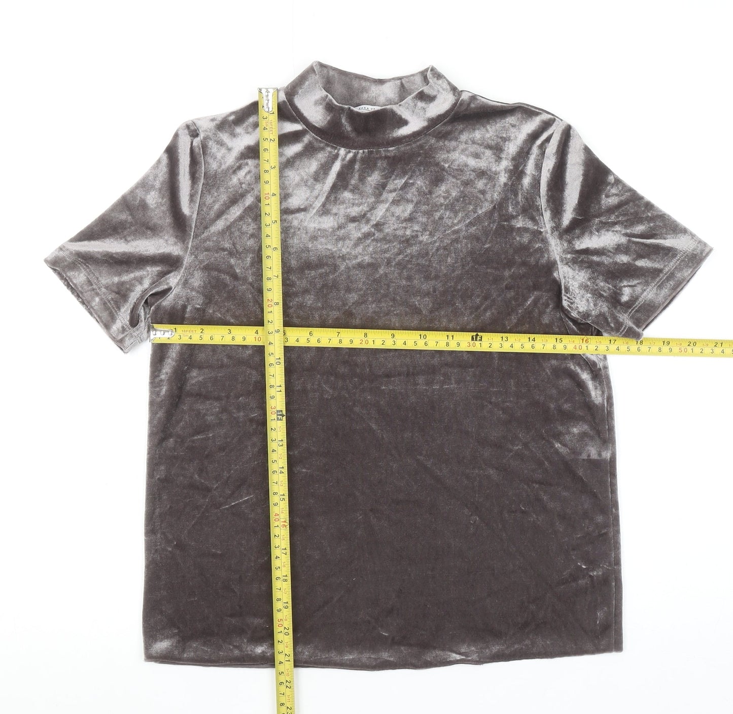 Zara Trafaluc Womens Grey Velvet Mock Neck Short Sleeve T-Shirt Size S
