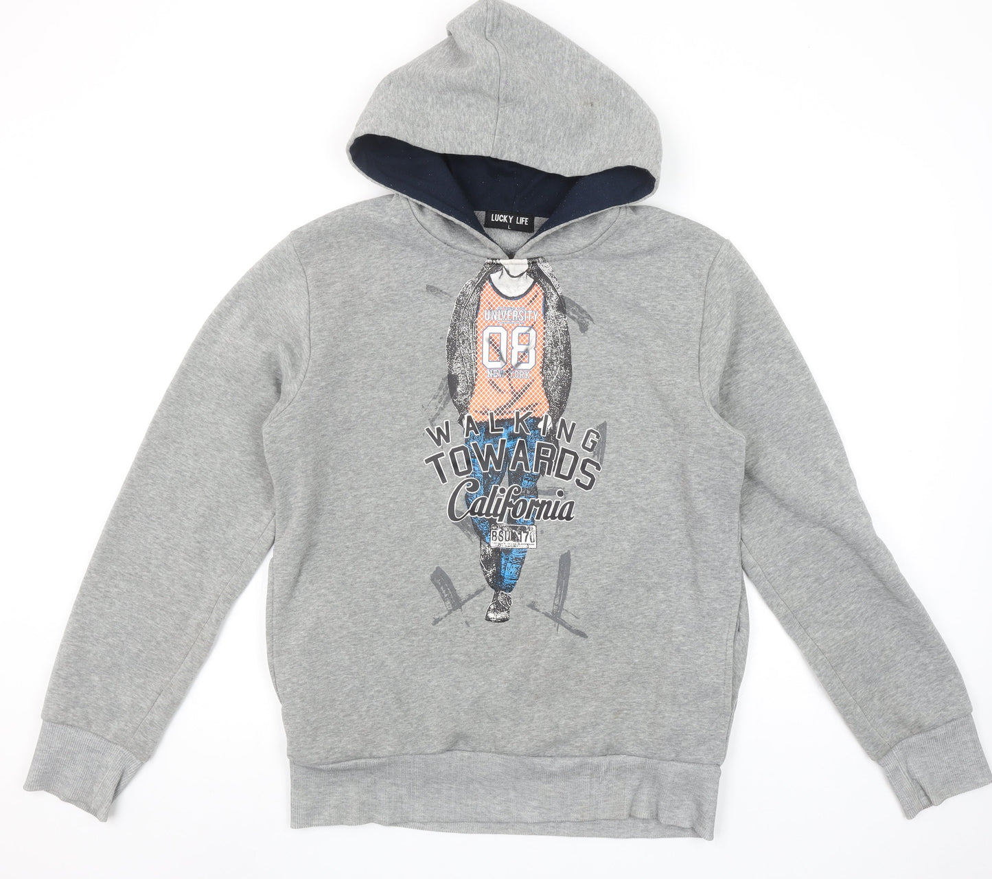 Lucky Life Boys Grey Pullover Hoodie L Walking Towards California Print