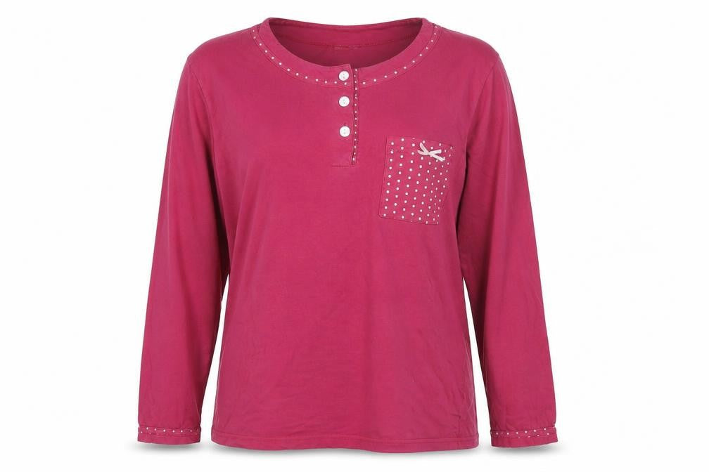 Damart Women Pink Cotton Long Sleeve Henley Polka Dot Pyjama Top M