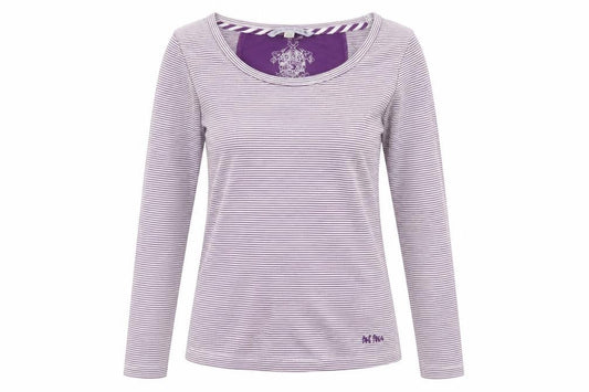 Front view of FatFace girls’ purple striped long sleeve top, size 8-9y cotton stretch tee