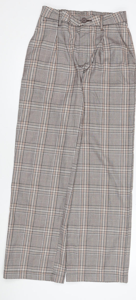 H&M Womens Grey Check Trousers Size 12 Straight Leg Smart Waist