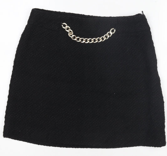 Mango Women’s Black Tweed Mini Skirt Size 12 with Chain Detail