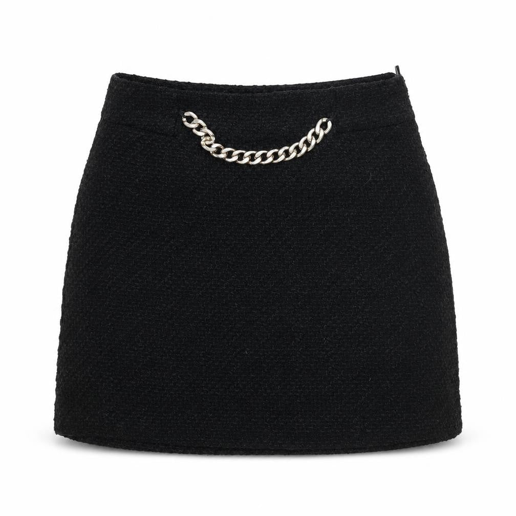 Mango Women’s Black Tweed Mini Skirt Size 12 with Chain Detail
