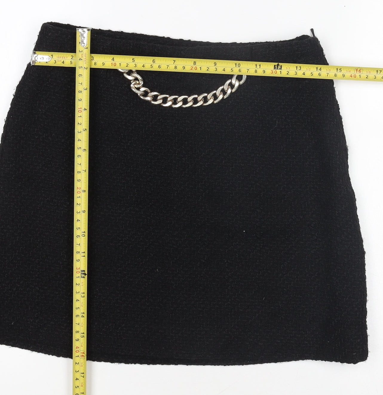 Mango Women’s Black Tweed Mini Skirt Size 12 with Chain Detail