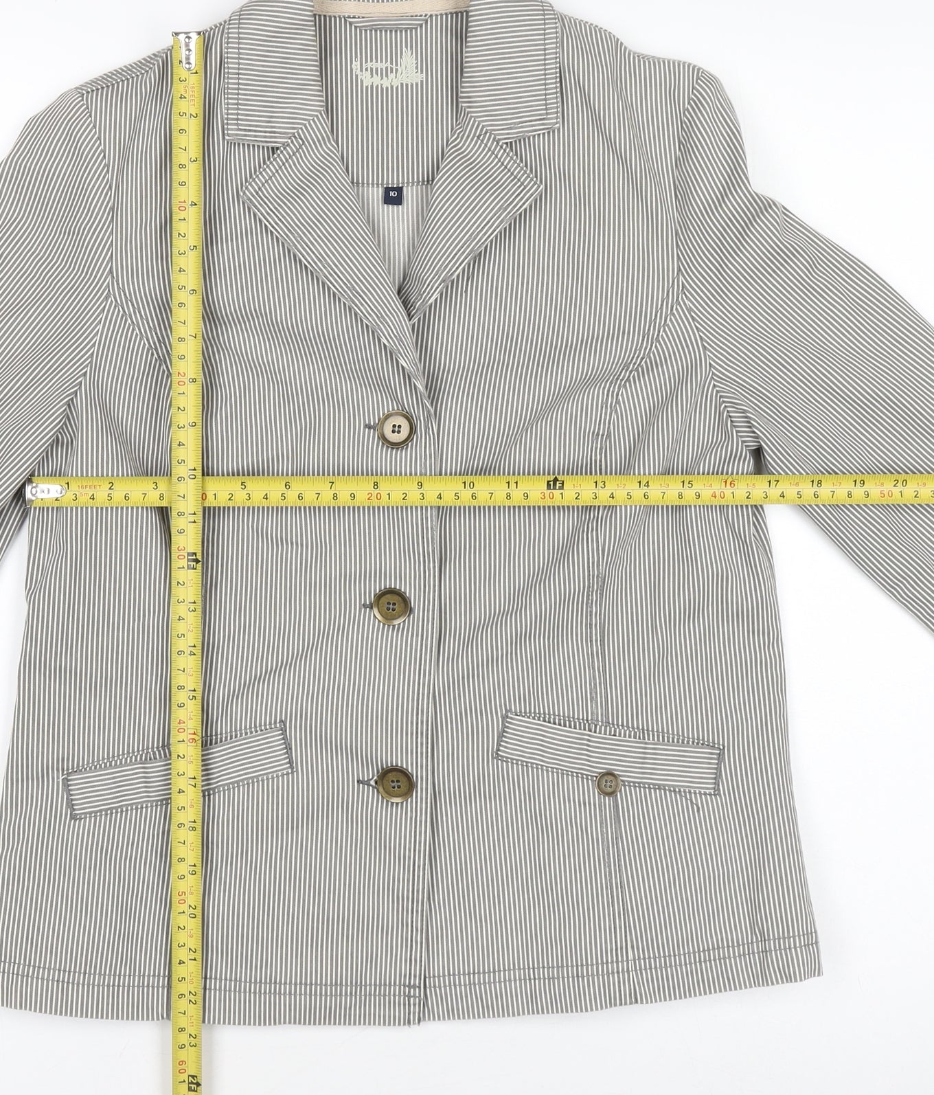 Women's Grey Striped Cotton Blazer Size 10 Classic Jacket