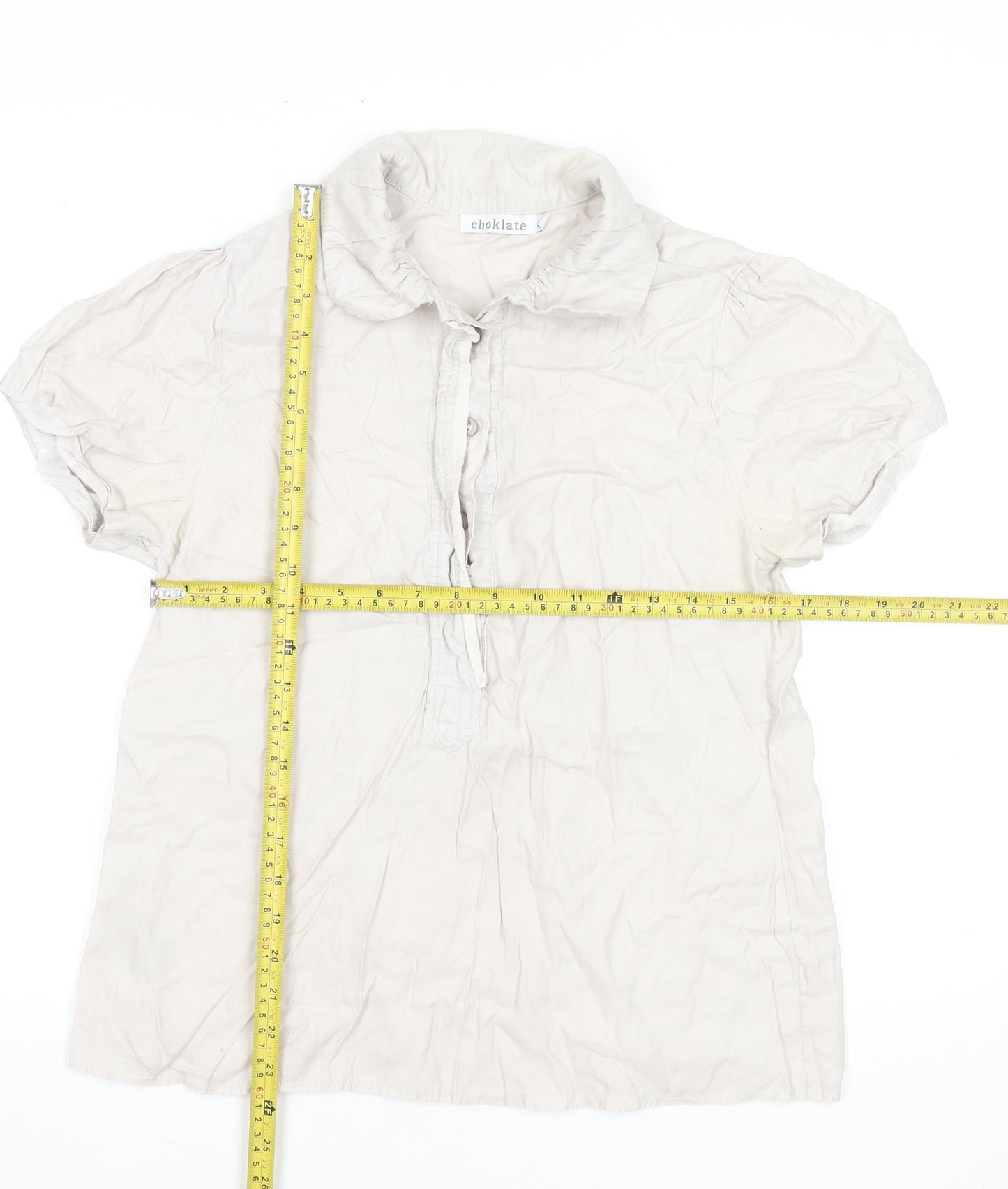 Choklate Women’s Beige Cotton Short Sleeve Collared Blouse L