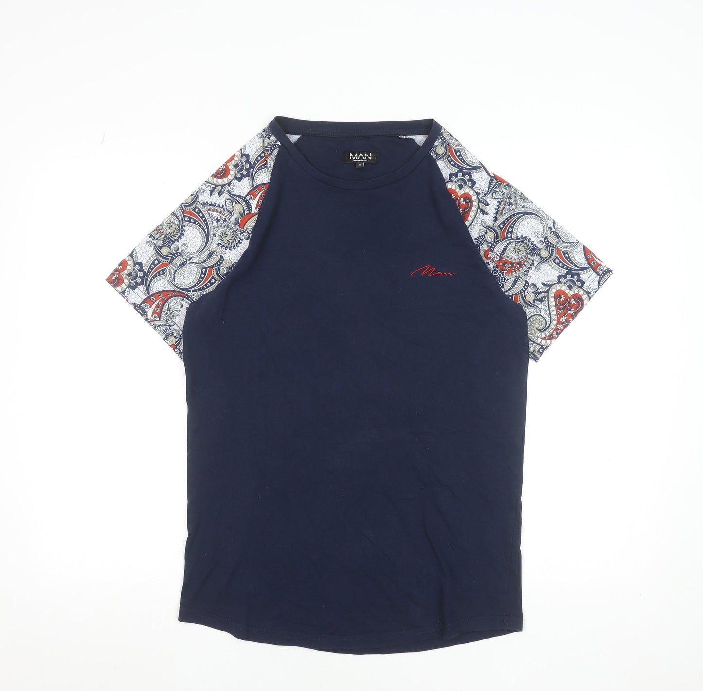 BoohooMAN Men's Navy Paisley Raglan Short Sleeve Crew Neck T-Shirt Size M