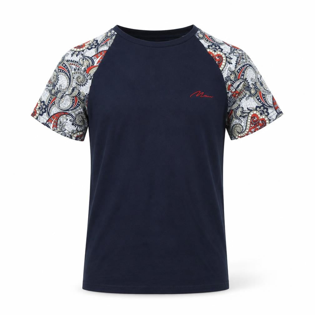 boohooMAN Men's Navy Paisley Raglan Short Sleeve Crew Neck T-Shirt Size M
