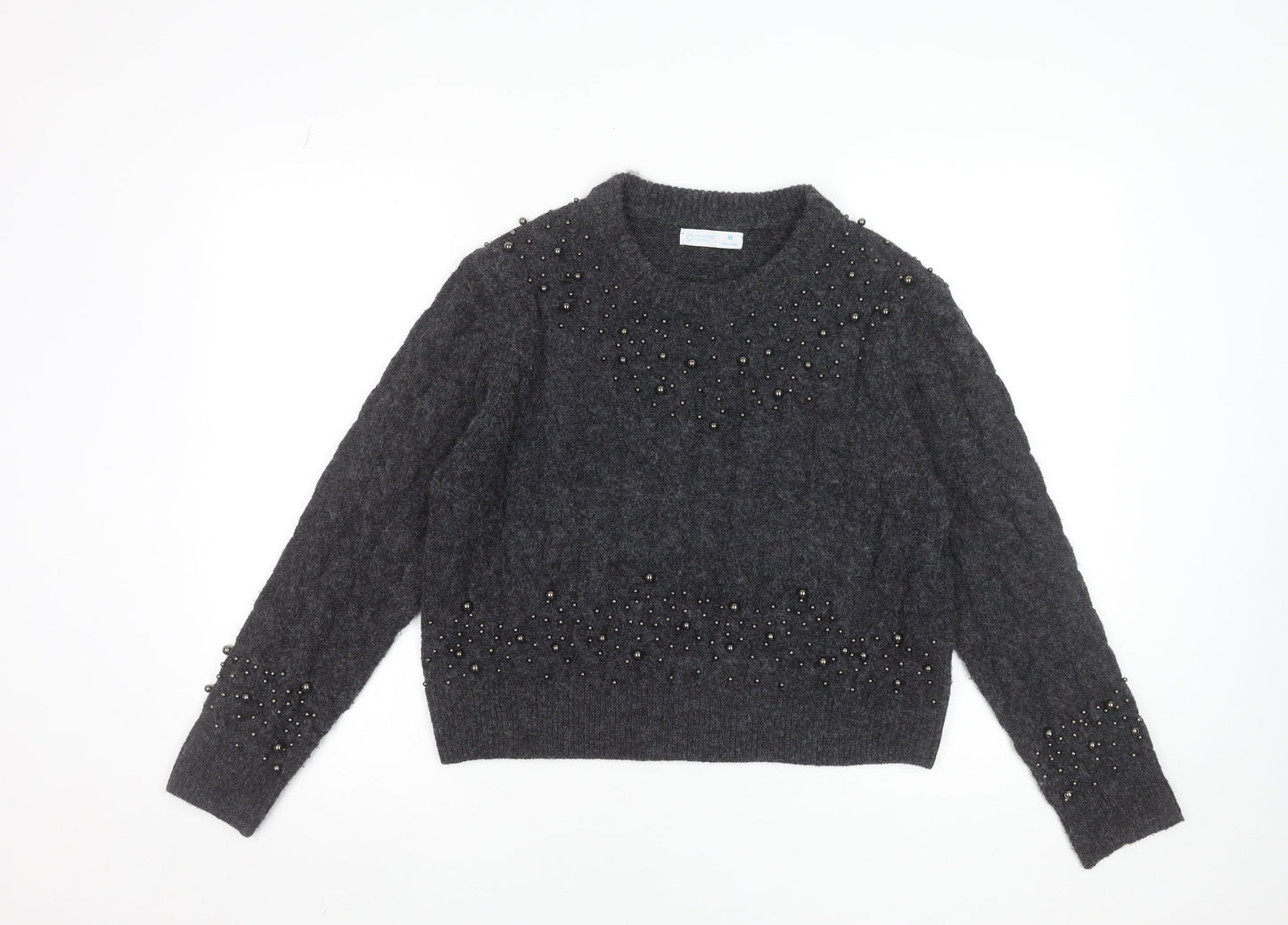 Primark Women Grey Beaded Cable-Knit Crew Neck Jumper Size M