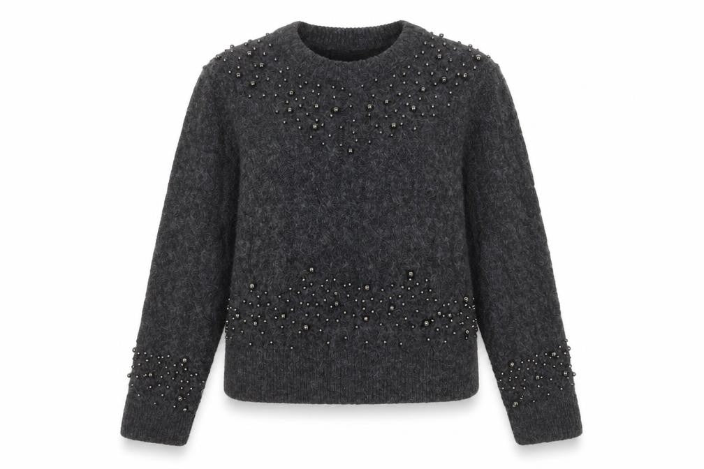Primark Women Grey Beaded Cable-Knit Crew Neck Jumper Size M