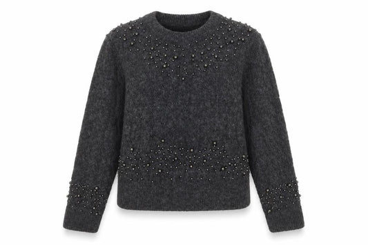 Primark Women Grey Beaded Cable-Knit Crew Neck Jumper Size M
