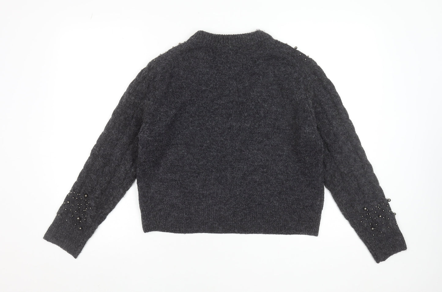 Primark Women Grey Beaded Cable-Knit Crew Neck Jumper Size M