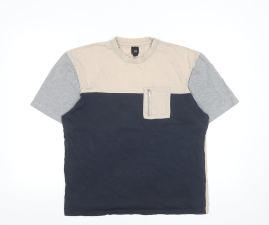 River Island Men's Beige Blue Grey Colourblock Crew Neck Zip Pocket T-Shirt M
