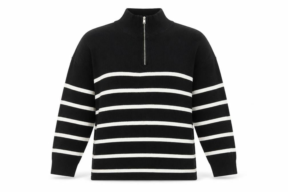Stradivarius Women’s Black Stripe High Neck Half Zip Jumper Size 12