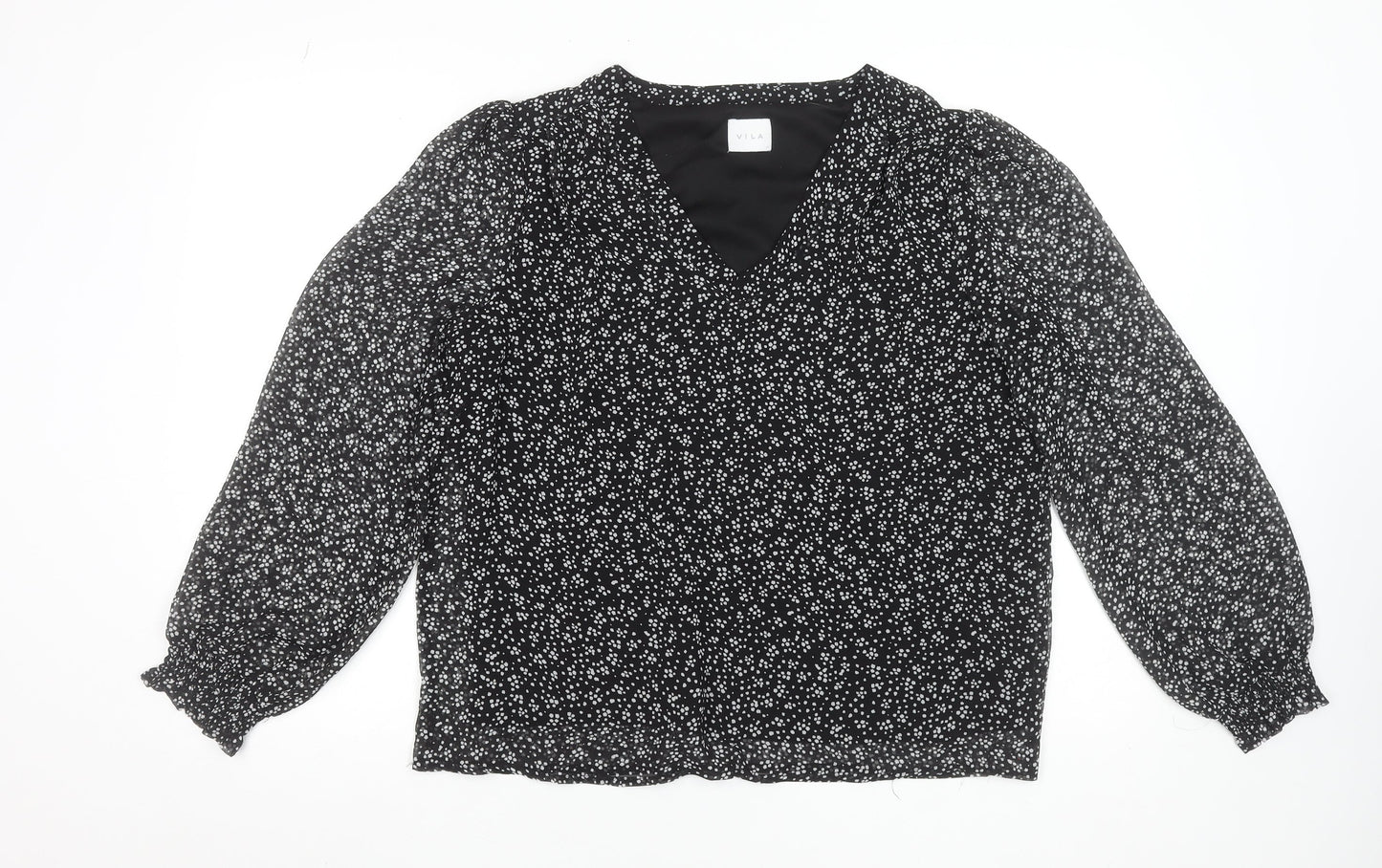 Vila Women's Black Floral V-Neck Long Sleeve Blouse Size 14