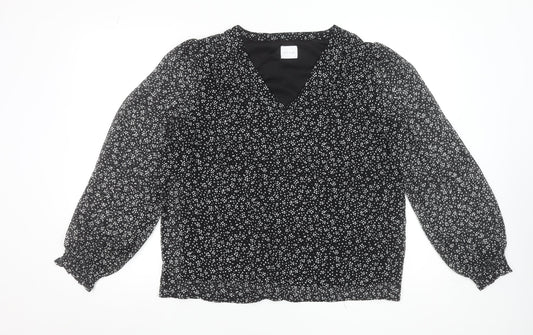 Vila Women's Black Floral V-Neck Long Sleeve Blouse Size 14