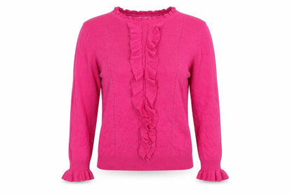Front view of Gallery Women's Pink Ruffle Crew Neck Viscose Jumper, size 14