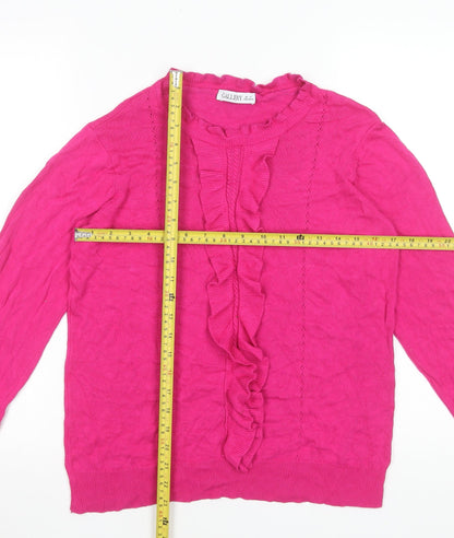 Back view of Gallery Women's Pink Ruffle Crew Neck Viscose Jumper, size 14