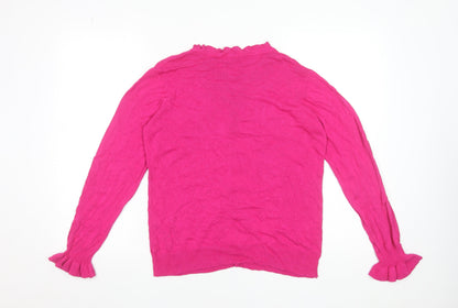 Close-up detail of Gallery Women's Pink Ruffle Crew Neck Viscose Jumper, size 14