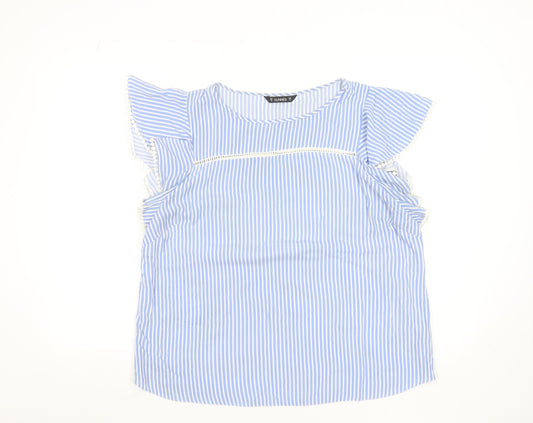 Dunnes Women Blue Striped Ruffle Sleeve Viscose Blouse Size 16