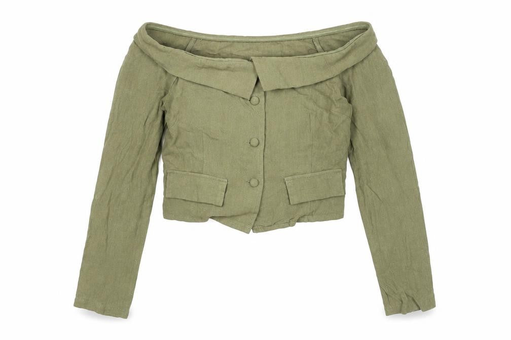 Boohoo Women’s Green Off Shoulder Cropped Cotton Blouse UK 8