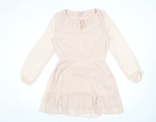 H&M Divided Women Beige Polka Dot Fit & Flare Short Dress Size 10