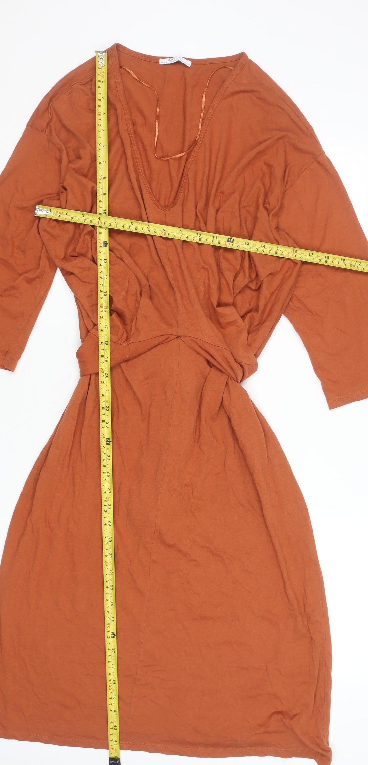 Zara Women Brown Cotton Wrap Dress size L 3/4 Sleeve V-Neck