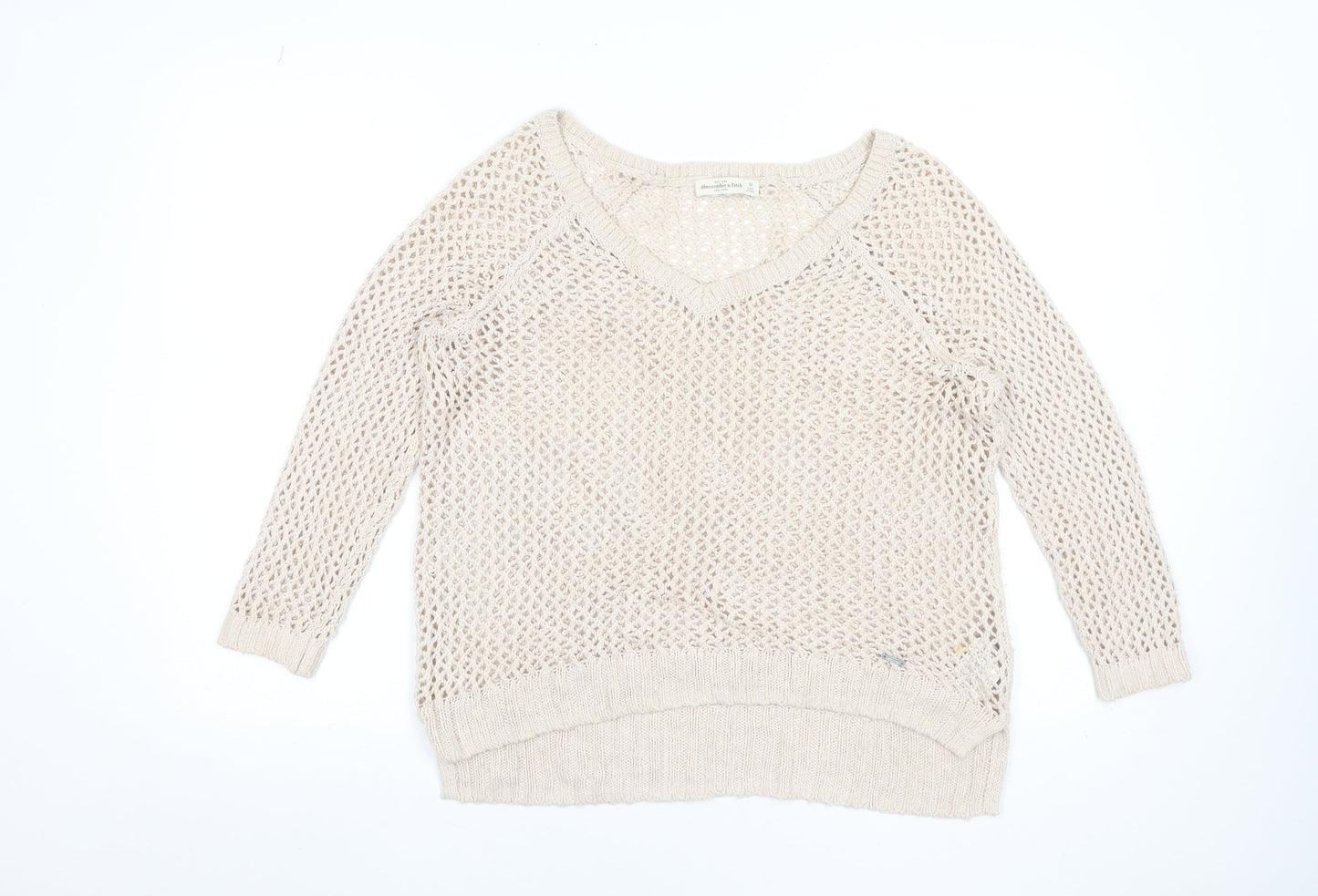 Abercrombie & Fitch Women Beige Open-Knit Cotton Blend V-Neck Jumper M
