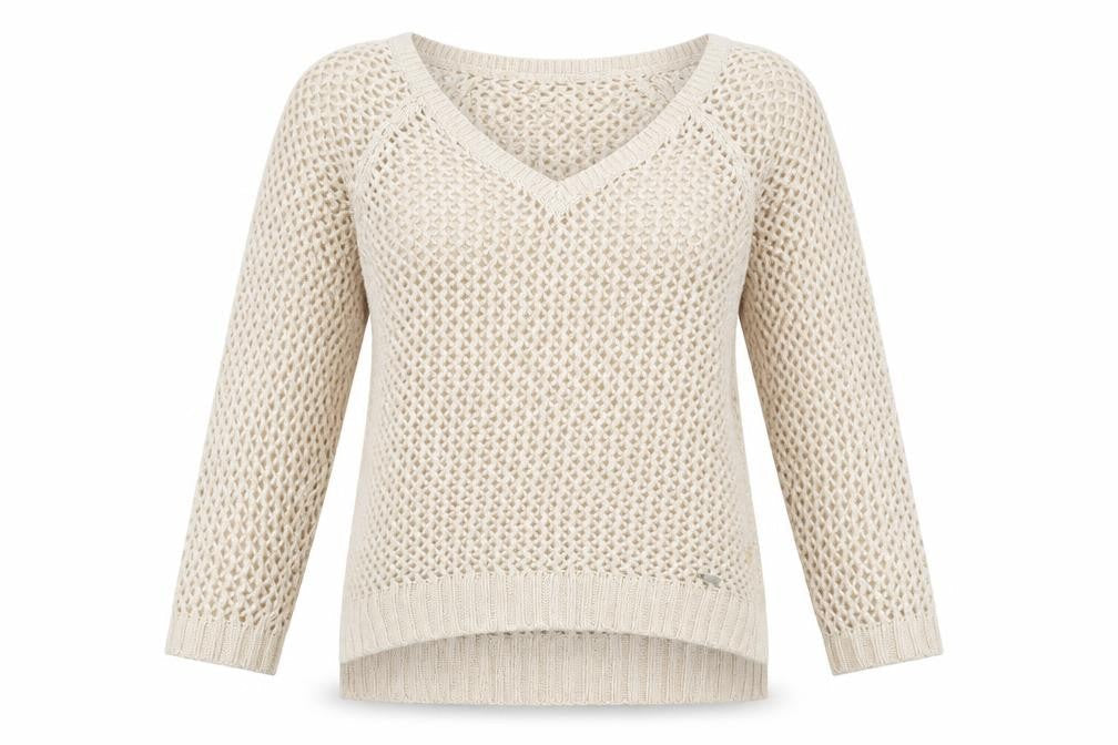 Abercrombie & Fitch Women Beige Open-Knit Cotton Blend V-Neck Jumper M