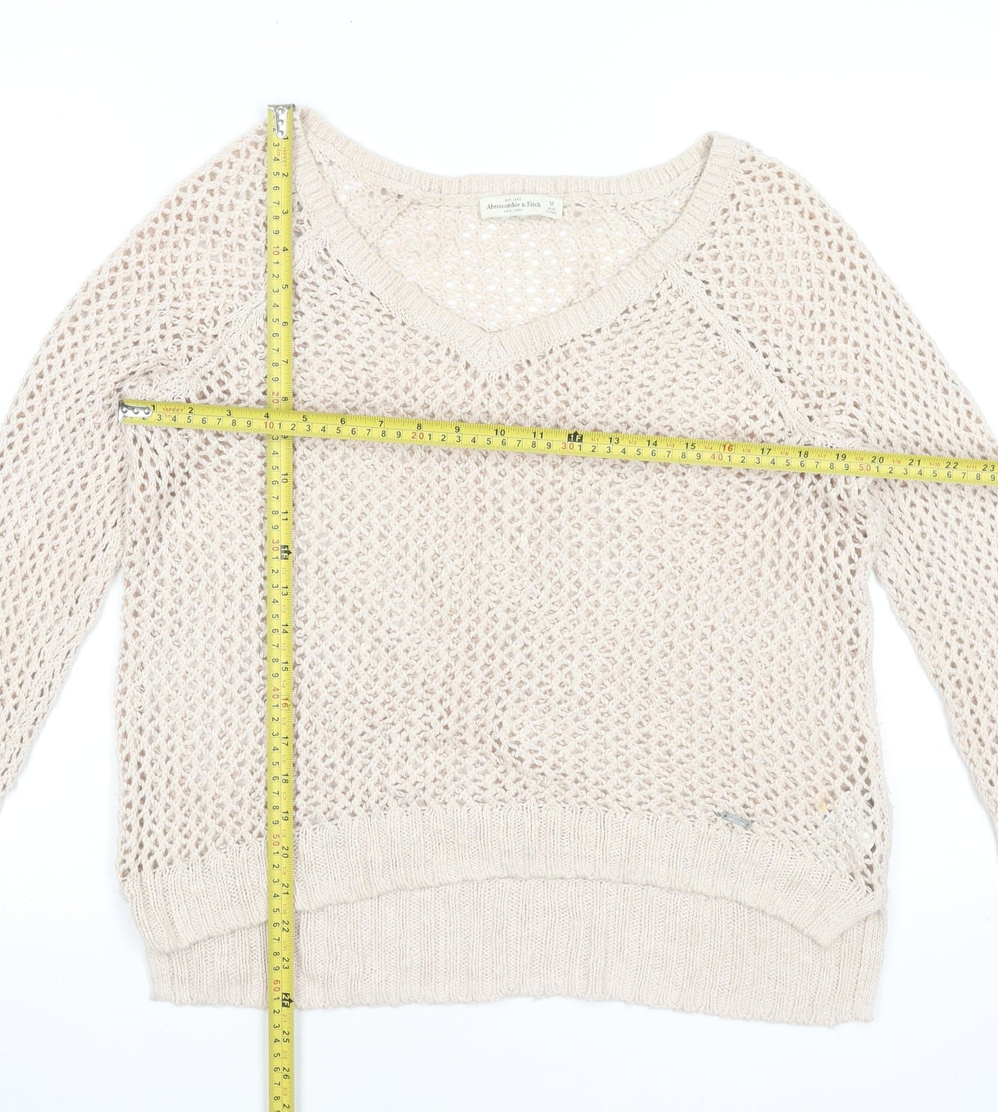 Abercrombie & Fitch Women Beige Open-Knit Cotton Blend V-Neck Jumper M