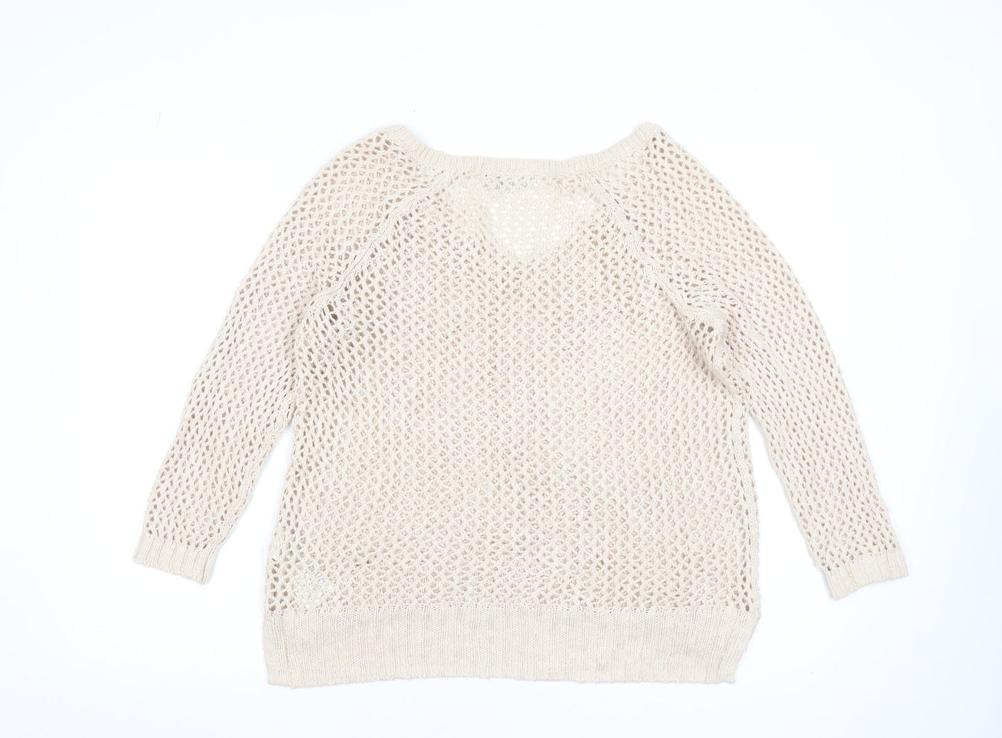 Abercrombie & Fitch Women Beige Open-Knit Cotton Blend V-Neck Jumper M