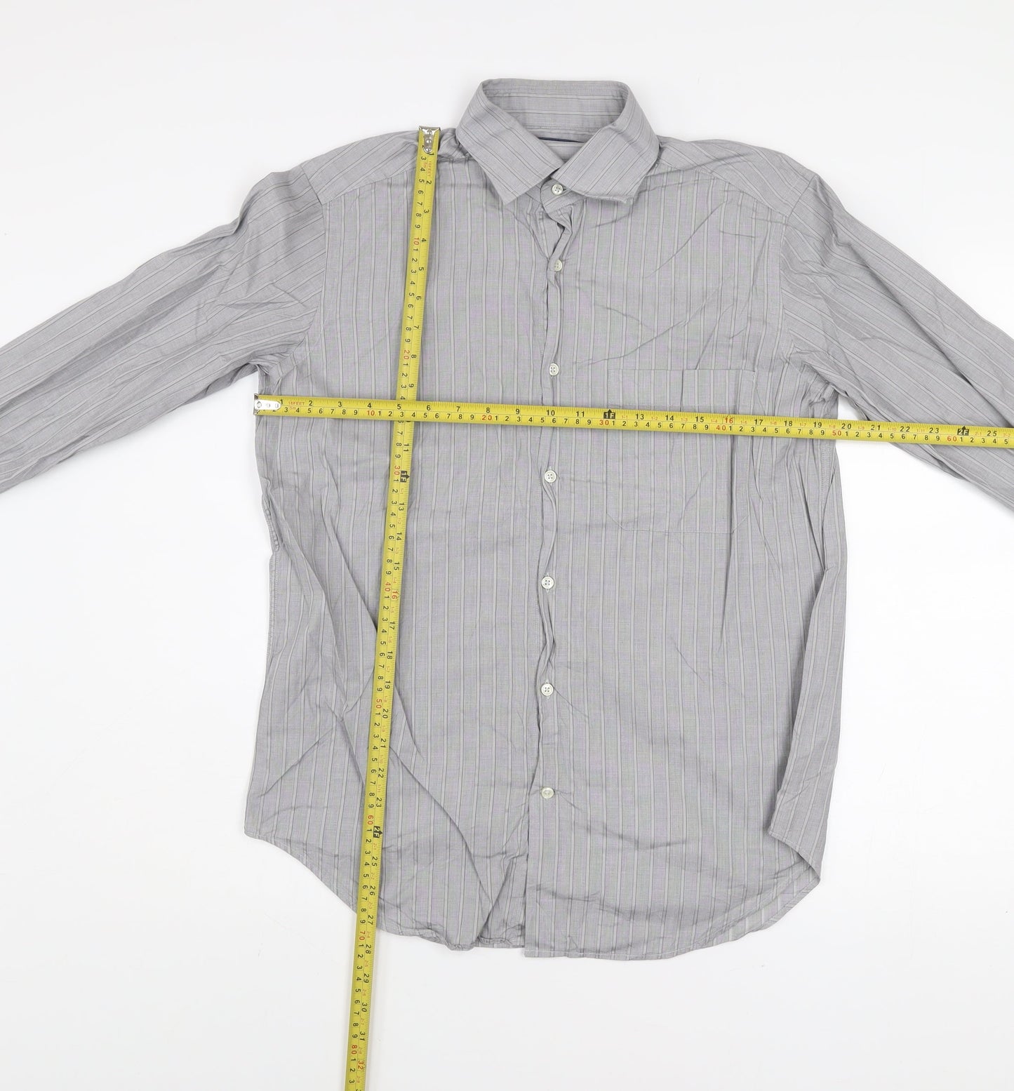 Caliban Men's Grey Striped Dress Shirt 15.5in Collar Regular Fit