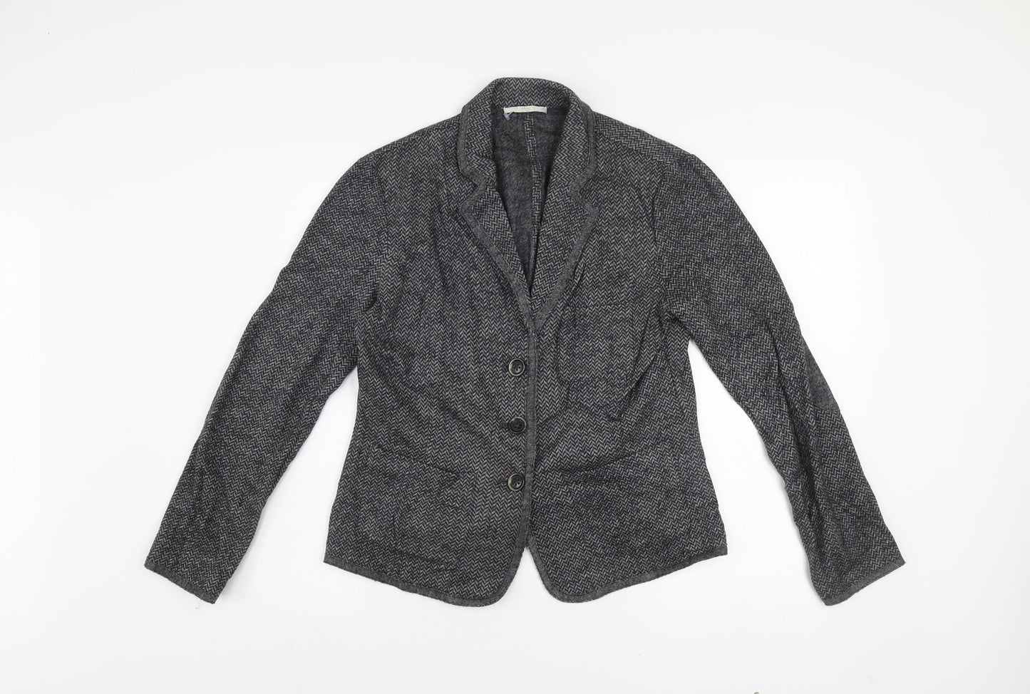 Brax Women's Grey Herringbone Wool Blend Blazer Size 12 Classic Style
