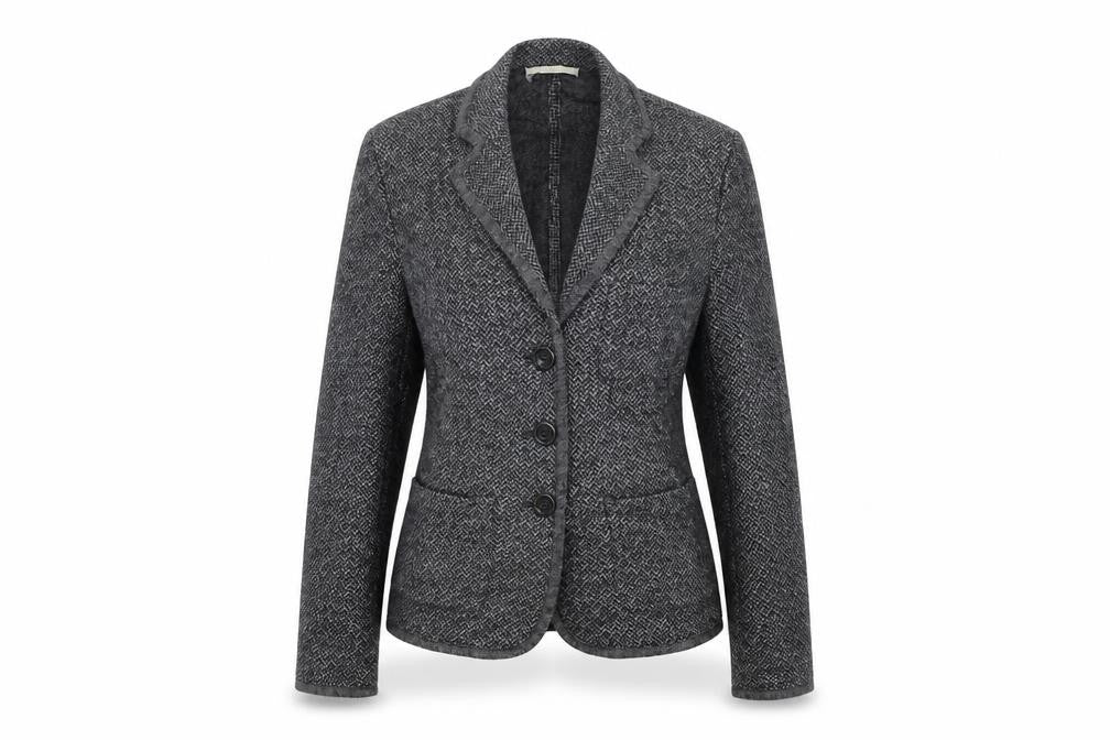 Brax Women's Grey Herringbone Wool Blend Blazer Size 12 Classic Style