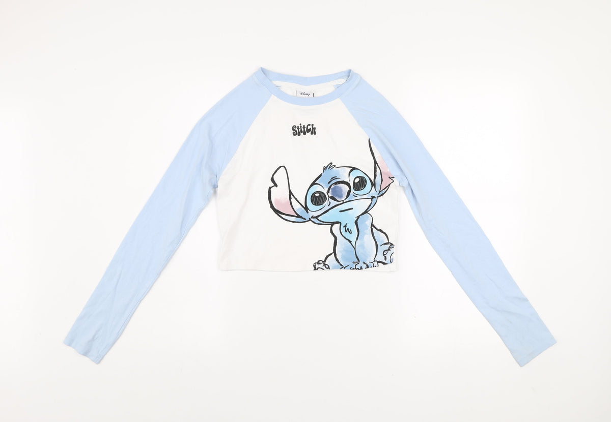 Disney Girls Blue Stitch Cropped Long Sleeve T-Shirt Size S