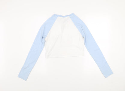 Close-up detail of Disney girls’ blue stitch cropped long sleeve t-shirt, size S