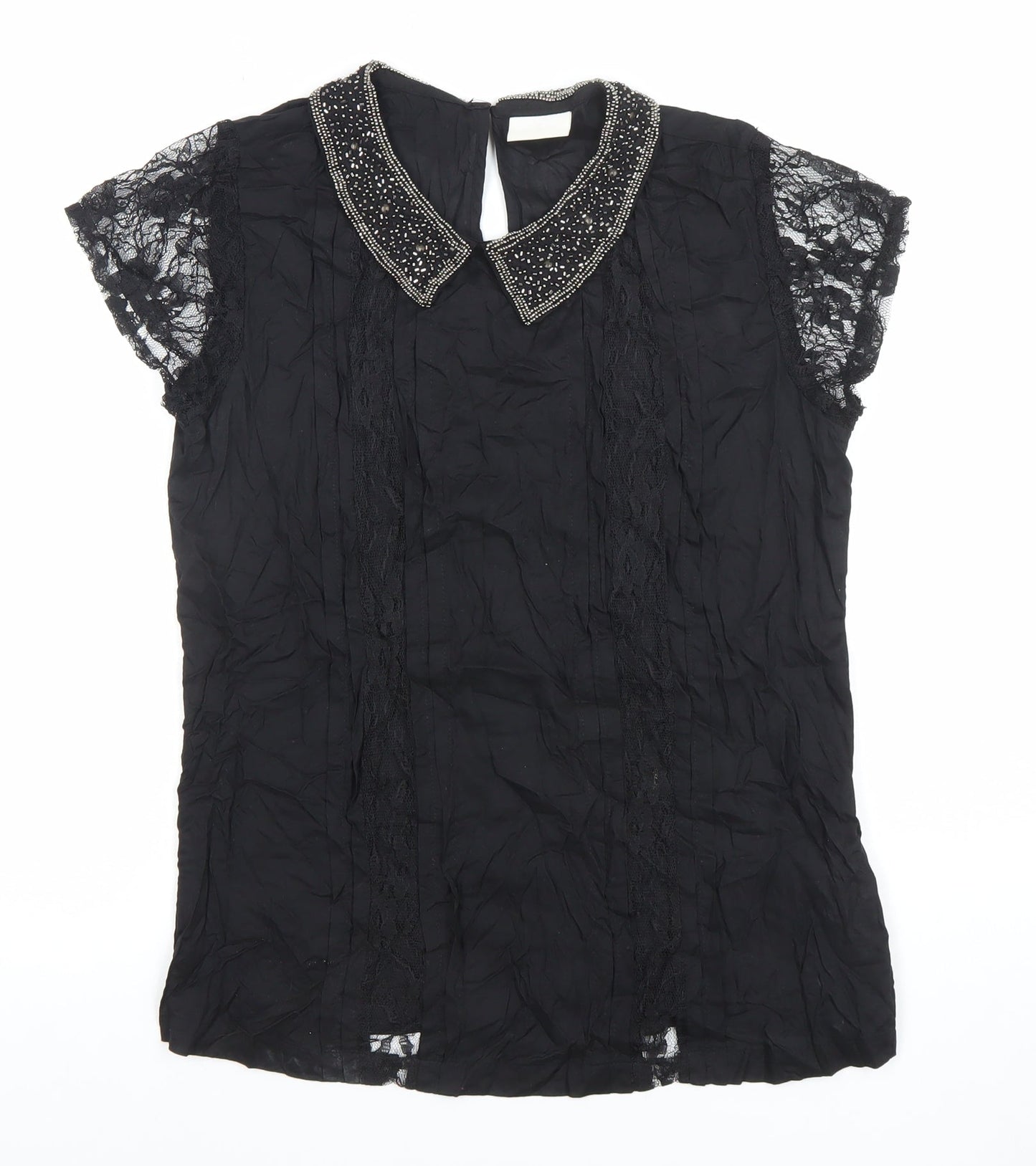 Women's Black Beaded Collar Lace Sleeve Chiffon Blouse Size M