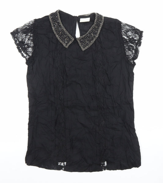 Women's Black Beaded Collar Lace Sleeve Chiffon Blouse Size M