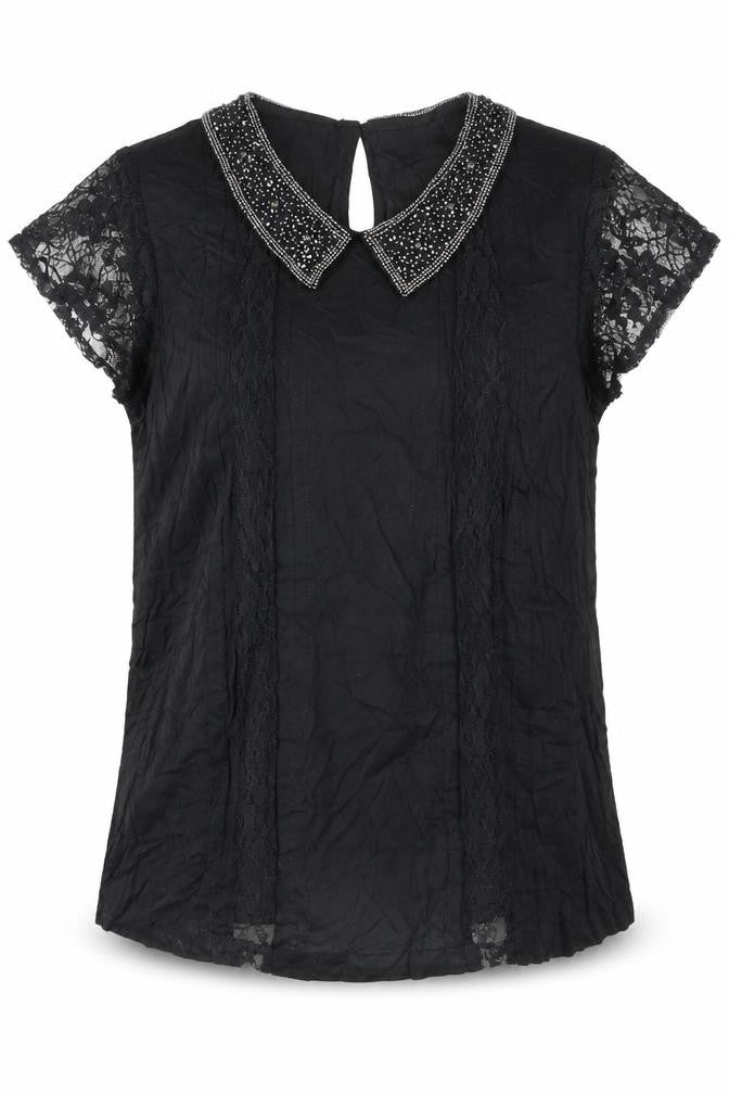 Women's Black Beaded Collar Lace Sleeve Chiffon Blouse Size M