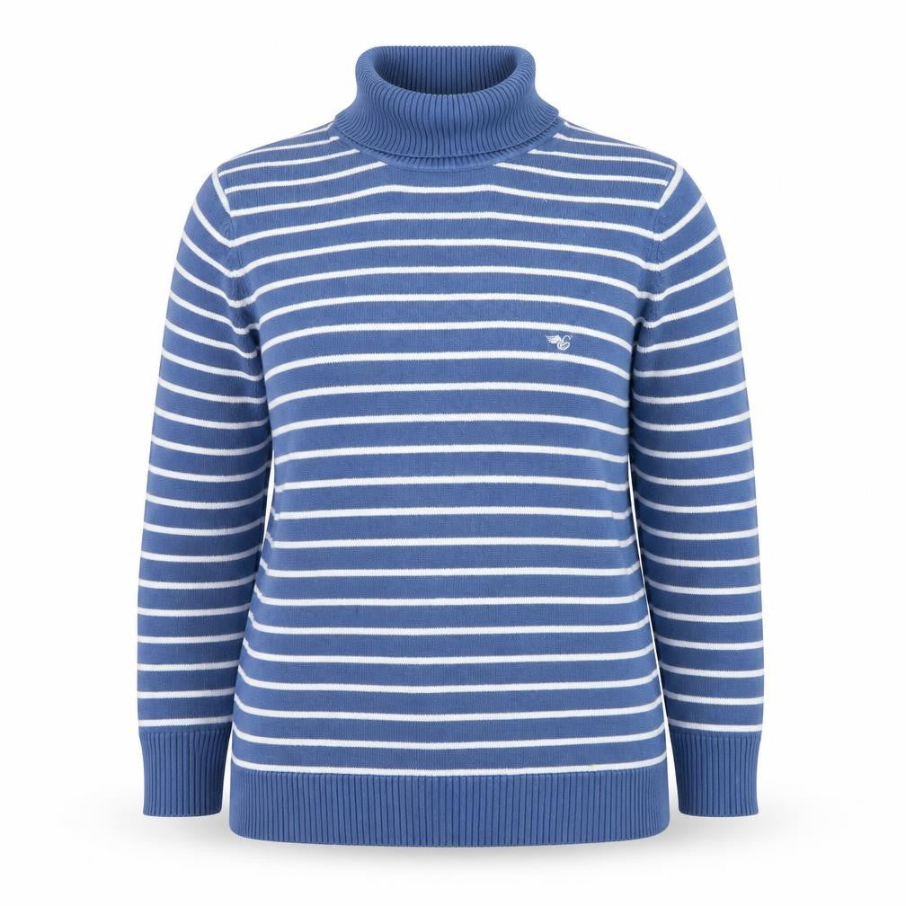 Esprit Women's Blue Striped Roll Neck Cotton Jumper Size 2XL