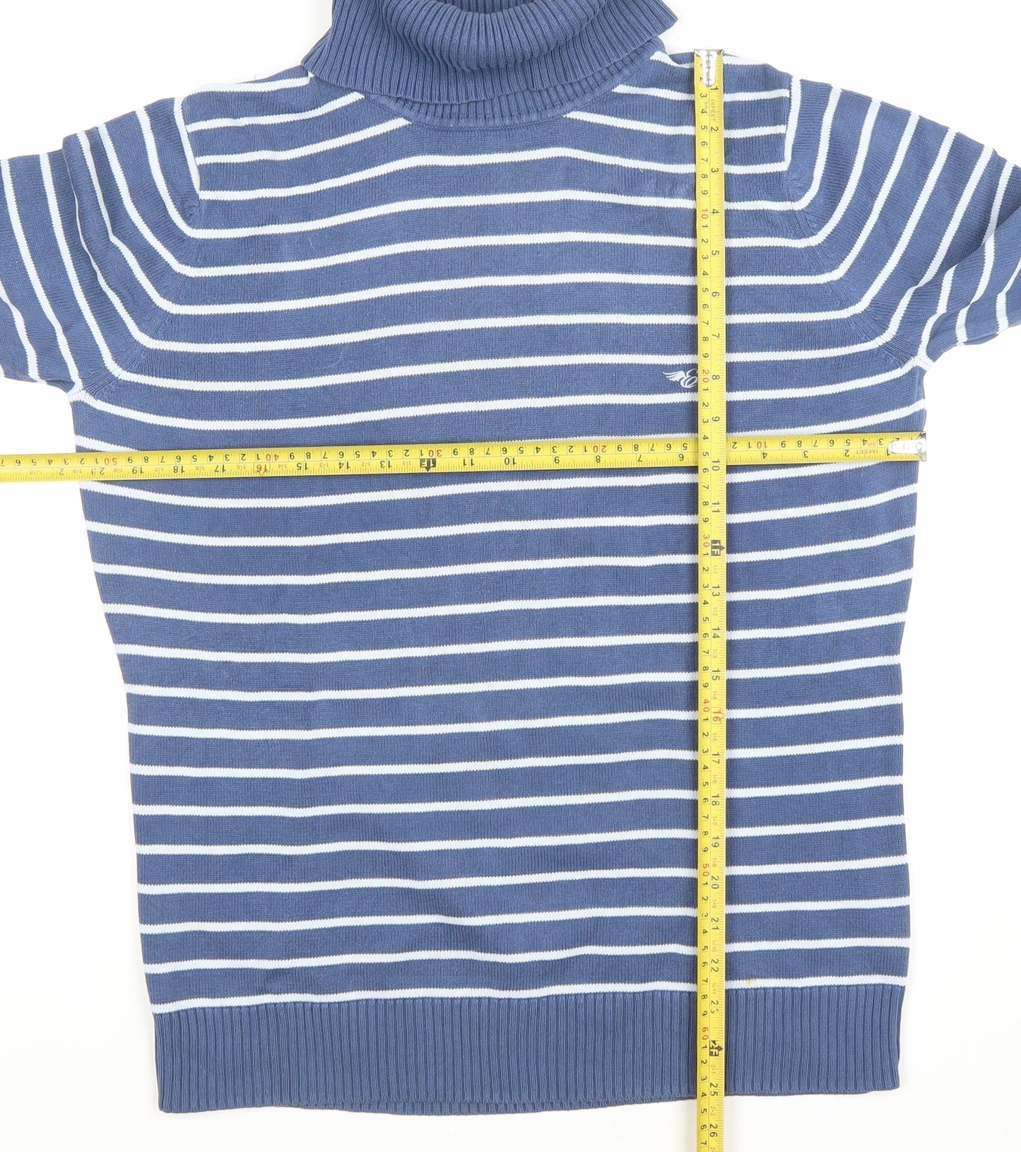 Esprit Women's Blue Striped Roll Neck Cotton Jumper Size 2XL