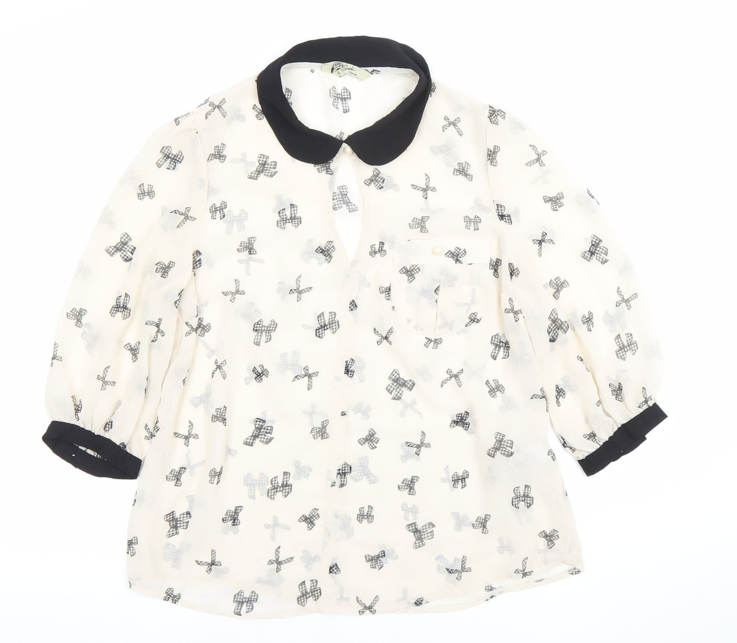 New Look Women’s Ivory Bow Print Sheer Chiffon Blouse UK 12