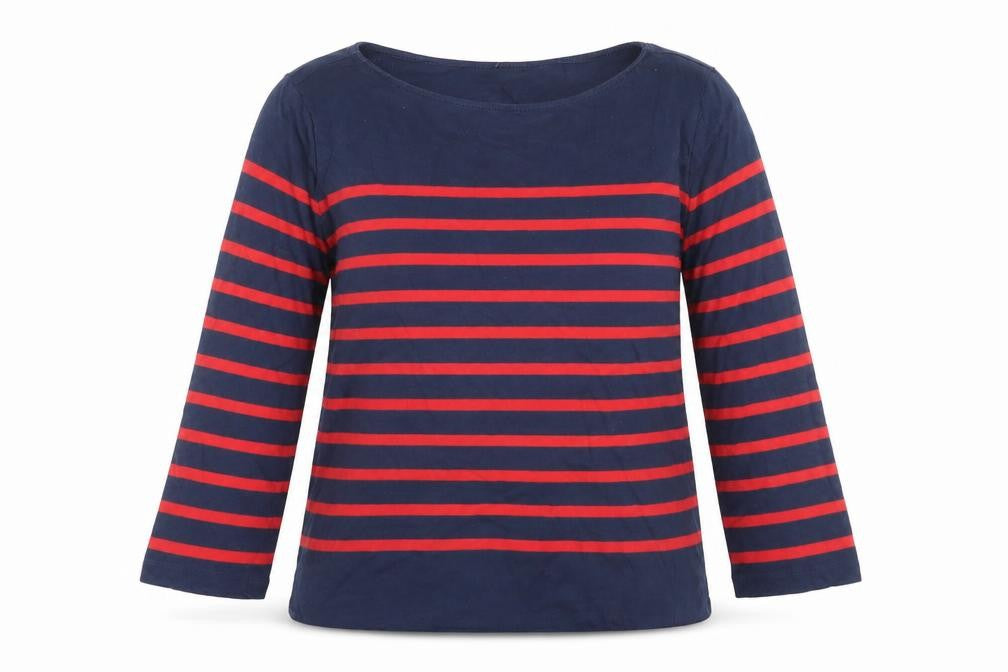 Mango Women Navy Red Striped 3/4 Sleeve Cotton Boat Neck Top Size S