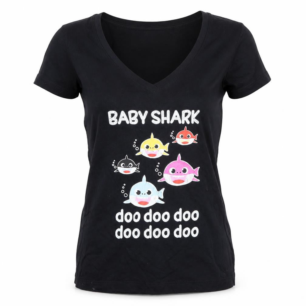 Ideal by Next Level Women's Black Baby Shark V-Neck Cotton T-Shirt Size S