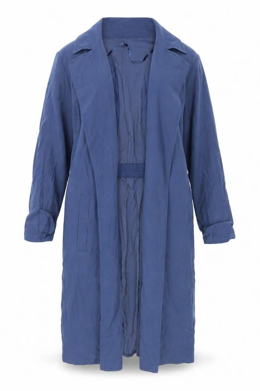Front view of Dunnes Women’s Blue Long Coatigan L Lightweight Open Trench Style