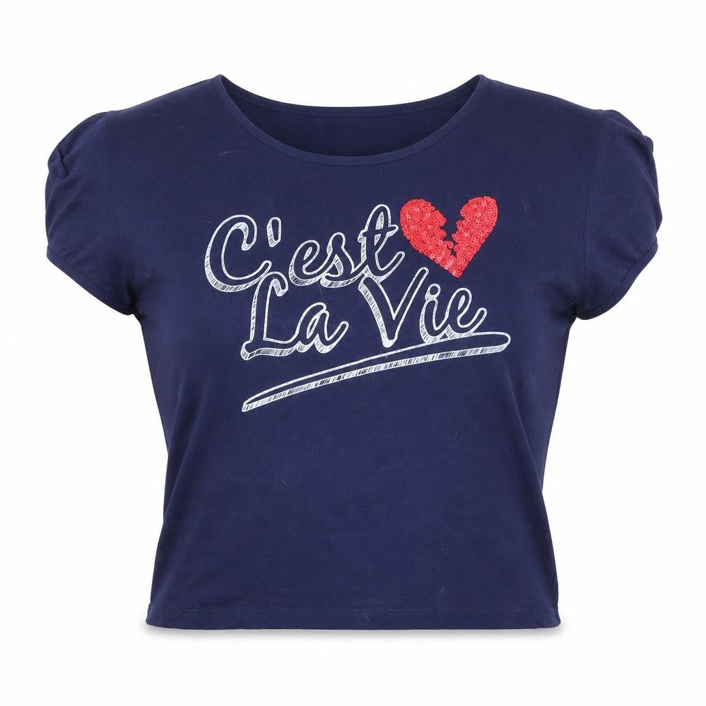 LOOK Women's Blue Size 14 Cropped Sequin Slogan T-Shirt